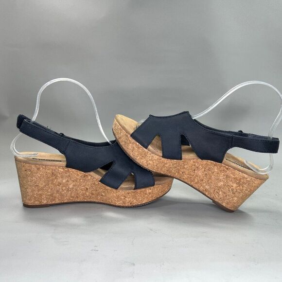 Clarks Sandals Women's Size 8.5 Blue Leather Cork Wedge‎ Platform Adjustable - Picture 7 of 14